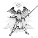 Saint michael holding a cross and sword with a sun and clouds in the background tattoo design idea