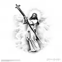 Saint michael holding a cross and sword with a sun and clouds in the background tattoo design idea
