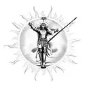 Saint michael holding a cross and sword with a sun and clouds in the background tattoo design idea