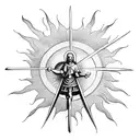 Saint michael holding a cross and sword with a sun and clouds in the background tattoo design idea
