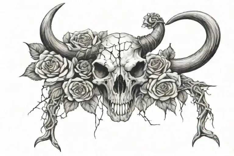 bull skull with bullet hole, roses surrounding,barbed wire surrounding tattoo design idea
