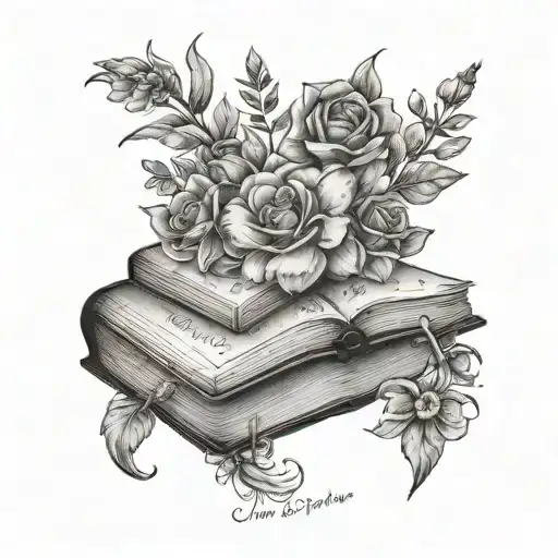 open Book with flowers growing with the words just one more chapter tattoo design idea