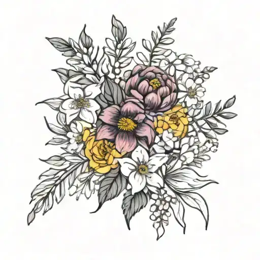 chrysanthemum, honeysuckle, aster, narcissus, primrose, gladiolus flower bouquet  tattoo design idea