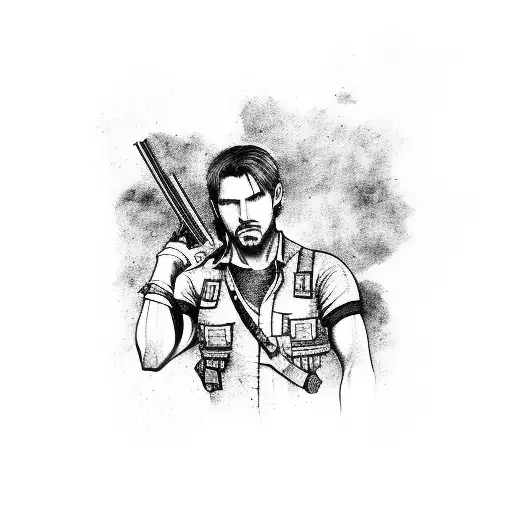 Leon from resident evil 4 remake aiming his gun and holding his knife. tattoo design idea