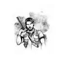 Leon from resident evil 4 remake aiming his gun and holding his knife. tattoo design idea
