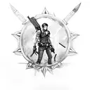 Leon from resident evil 4 remake aiming his gun and holding his knife. tattoo design idea