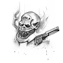Leon from resident evil 4 remake aiming his gun and holding his knife. tattoo design idea