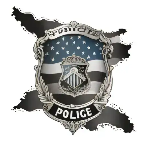 black and white American flag with blue police line behind a police badge with Roman numerals for April 28, 2023 tattoo design idea
