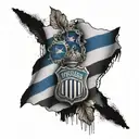 black and white American flag with blue police line behind a police badge with Roman numerals for April 28, 2023 tattoo design idea