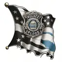 black and white American flag with blue police line behind a police badge with Roman numerals for April 28, 2023 tattoo design idea