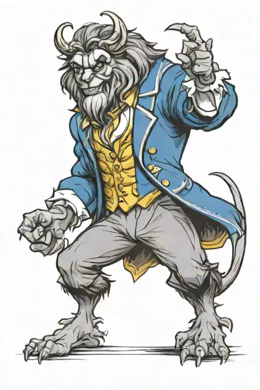 beast from the cartoon beauty and the beast, in blue suit, roar tattoo design idea