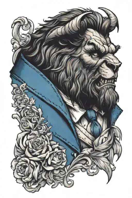 beast from the movie beauty and the beast, in blue suit, roar tattoo design idea