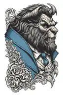 beast from the movie beauty and the beast, in blue suit, roar tattoo design idea