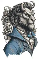 beast from the movie beauty and the beast, in blue suit, roar tattoo design idea