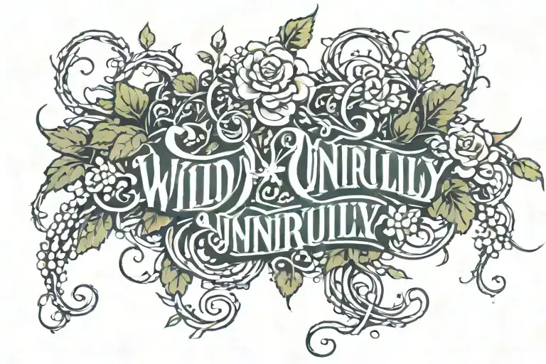 the words "Wild and Unruly" spelled out in a loose tangle of thick vines with large thorns and small flower tattoo design idea