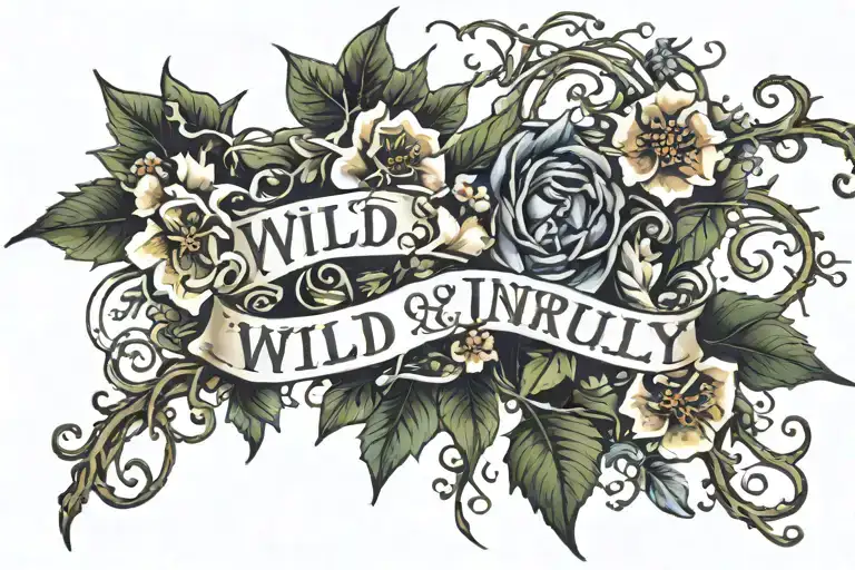 the words "Wild and Unruly" visible through a loose tangle of thick vines with large thorns and small flowers  tattoo design idea