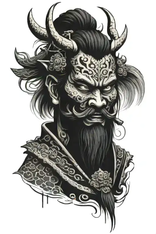 Japanese samurai demon in a mask is covered in black tattoo design idea