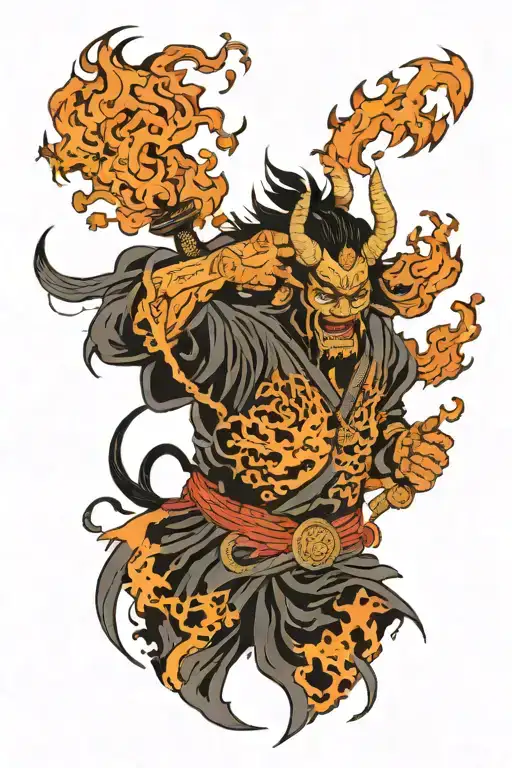 Japanese samurai demon in a mask is engulfed in black flame tattoo design idea