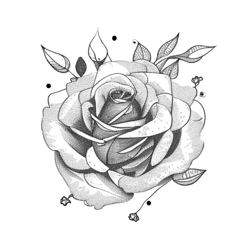 Half closed rose and olive-tree branches with flowers tattoo design idea