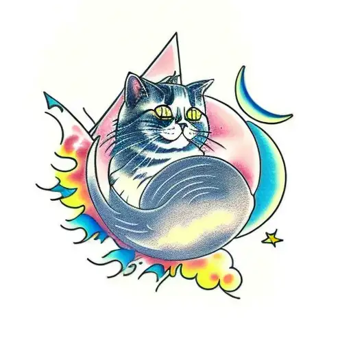 a cat on a cloud looking at the moon tattoo design idea