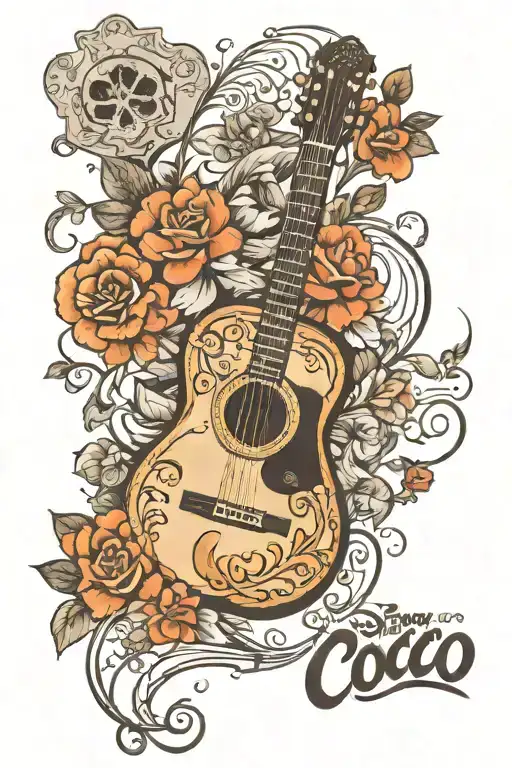 guitar from the Disney movie coco with petals and candles tattoo design idea
