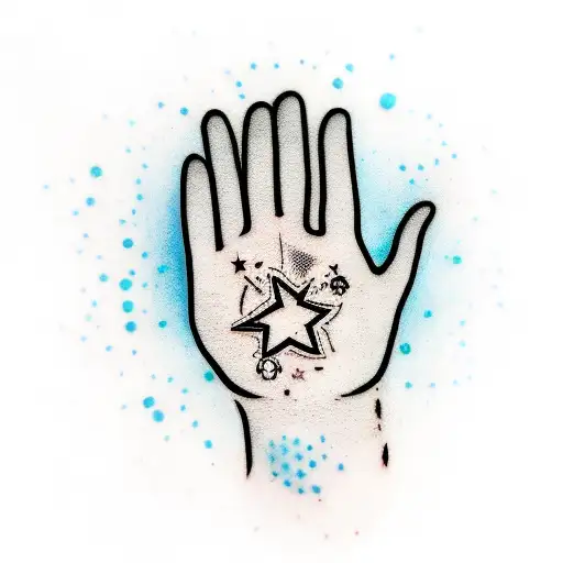 Hand with a semicolon on the palm emerging through water struggling to grasp 3 stars in the night sky  tattoo design idea