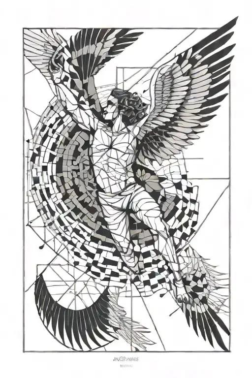 Icarus falling with lines geometric including the numbers 29, 28, and 19 tattoo design idea