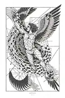 Icarus falling with lines geometric including the numbers 29, 28, and 19 tattoo design idea