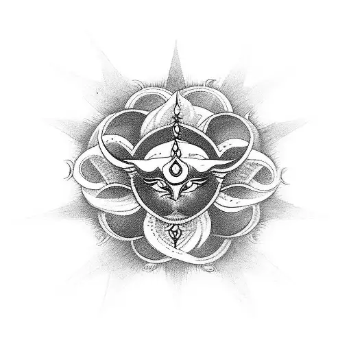 a hinduism trishula weapon with a damru and goddess shakti's eyes incorporated into the tattoo tattoo design idea