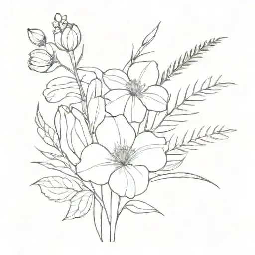 line art bouquet of birth flowers for months july, august, october, december  tattoo design idea