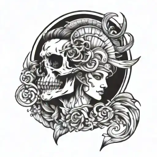 A tattoo design combining elements of Greek mythology with the concepts of brain, heart, heaven, hell, life, death, good, and evil tattoo design idea