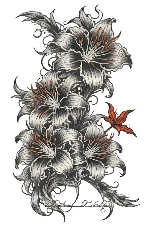 quote "A scary man a dead man, you can't live ya' life in fear," written with filling and red spider lily flowers. tattoo design idea