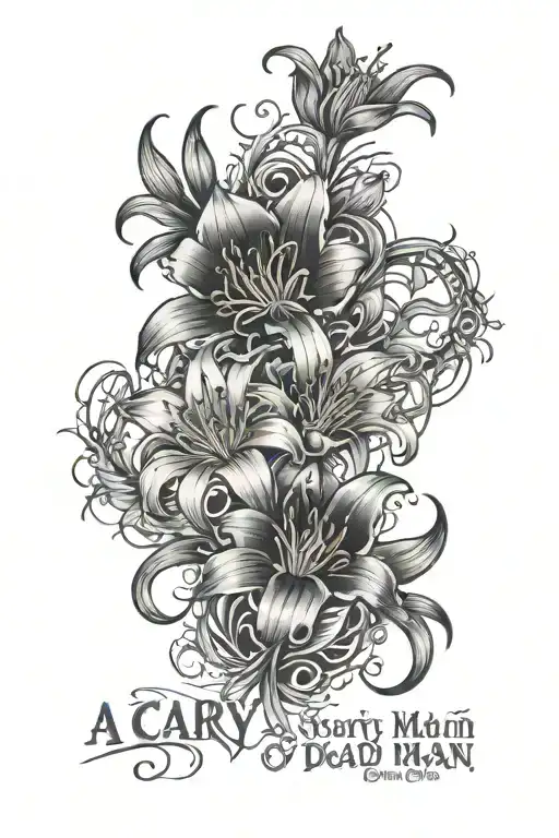 quote written that says" A scary man is a dead man you can't live your live in fear" with filling and red spider lilies  tattoo design idea