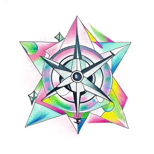 Compass rose, nature, forest, colorful triangles, rabbit from Alice in wonder land,  tattoo design idea