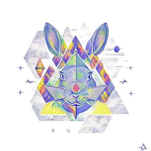 Compass rose, nature, forest, colorful triangles, rabbit from Alice in wonder land,  tattoo design idea