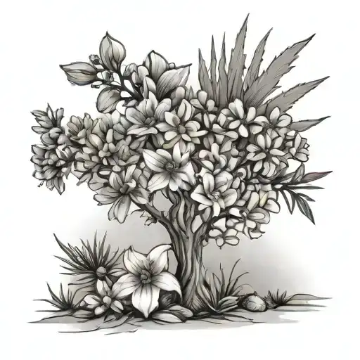  larkspur flower, marigold flower, gladiolus flower, and Chrysanthemum flower with joshua tree  tattoo design idea