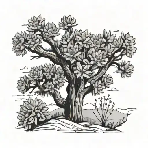 joshua tree with larkspur flower, marigold flower, gladiolus flower, and Chrysanthemum flower  tattoo design idea