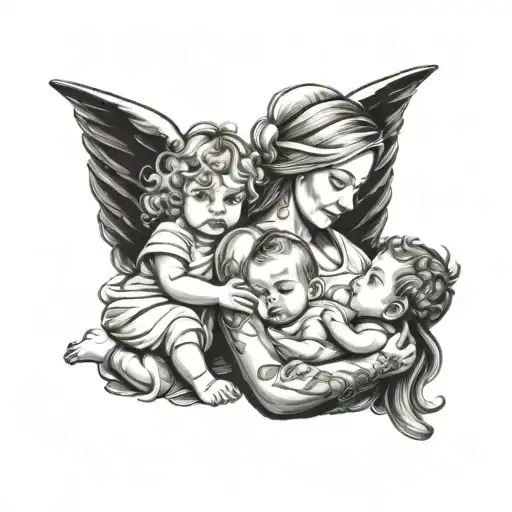 a mom with two toddlers and an infant with an angel baby   tattoo design idea