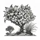  larkspur flower, marigold flower, gladiolus flower, and Chrysanthemum flower with joshua tree  tattoo design idea