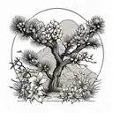 joshua tree with larkspur flower, marigold flower, gladiolus flower, and Chrysanthemum flower  tattoo design idea