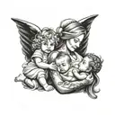 a mom with two toddlers and an infant with an angel baby   tattoo design idea