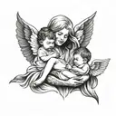 a mom with two toddlers and an infant with an angel baby   tattoo design idea