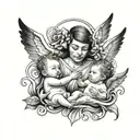 a mom with two toddlers and an infant with an angel baby   tattoo design idea