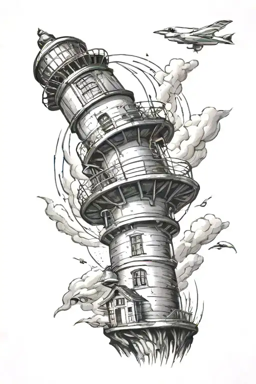 a lighthouse growing from a broker light bulb  tattoo design idea