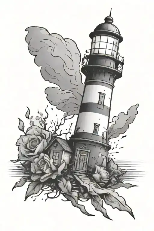a lighthouse growing from a broken light bulb  tattoo design idea