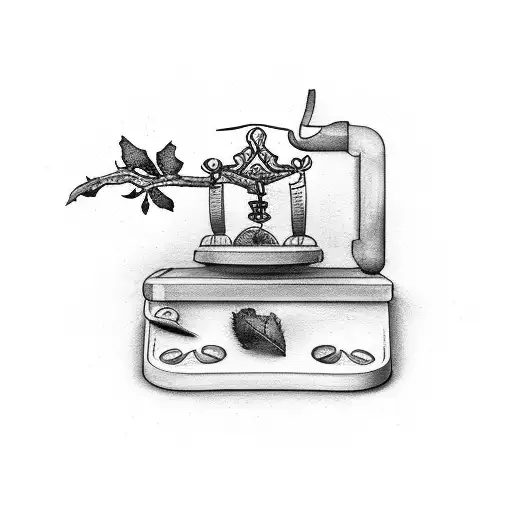 rustic weight scales on floor, a quill and scroll, an Oak Tree and Olive Branch tattoo design idea
