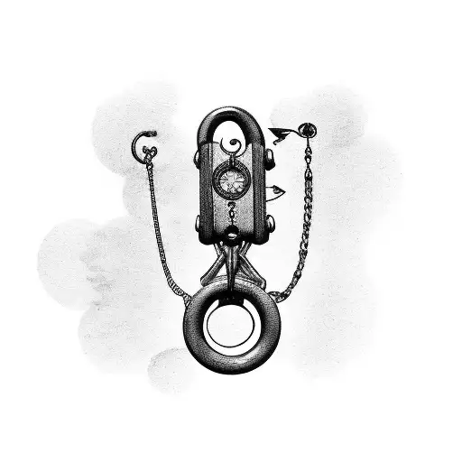 weight scales on floor with chains, and with a quill and scroll, and a compass tattoo design idea