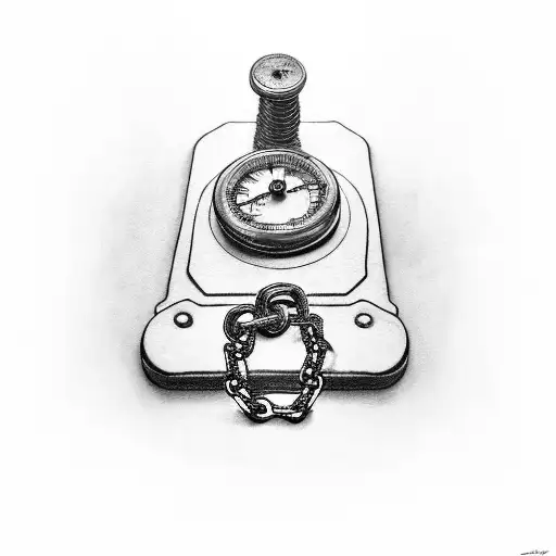 weight scales on floor with chains, and with a quill and scroll tattoo design idea