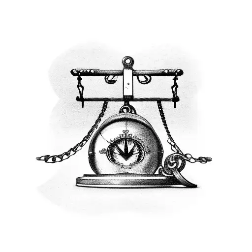 weight scales on floor with chains, and with a quill and scroll, and a compass tattoo design idea