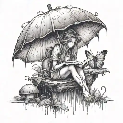 A realistic portrayal of a fairy reading a book under a mushroom umbrella during a rainstorm tattoo design idea